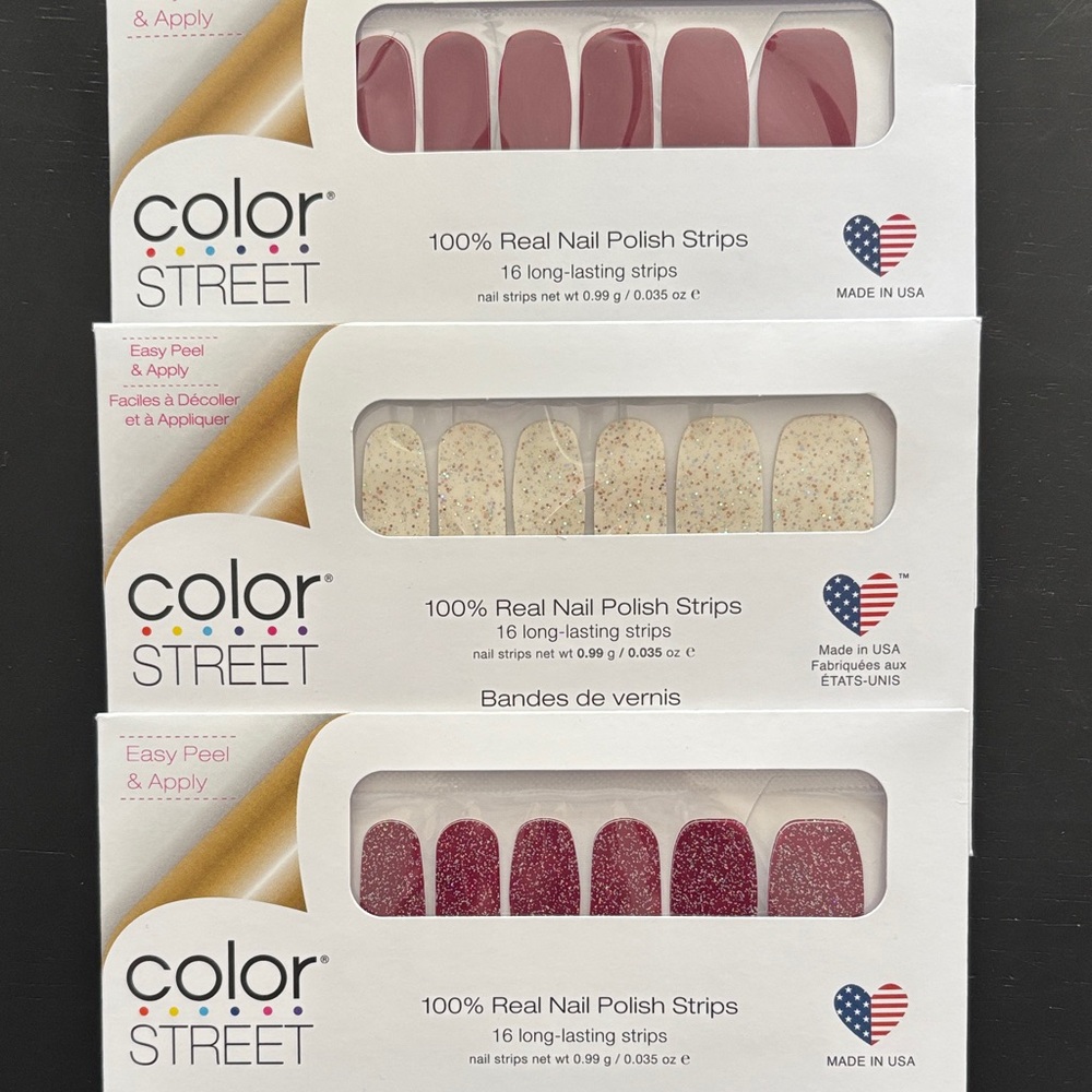 Color Street Nail Polish Strips - Burgundy, Beige, Glitter Gold